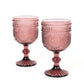 Dusty rose vintage embossed goblet wine glasses, short stemmed, floral pattern.