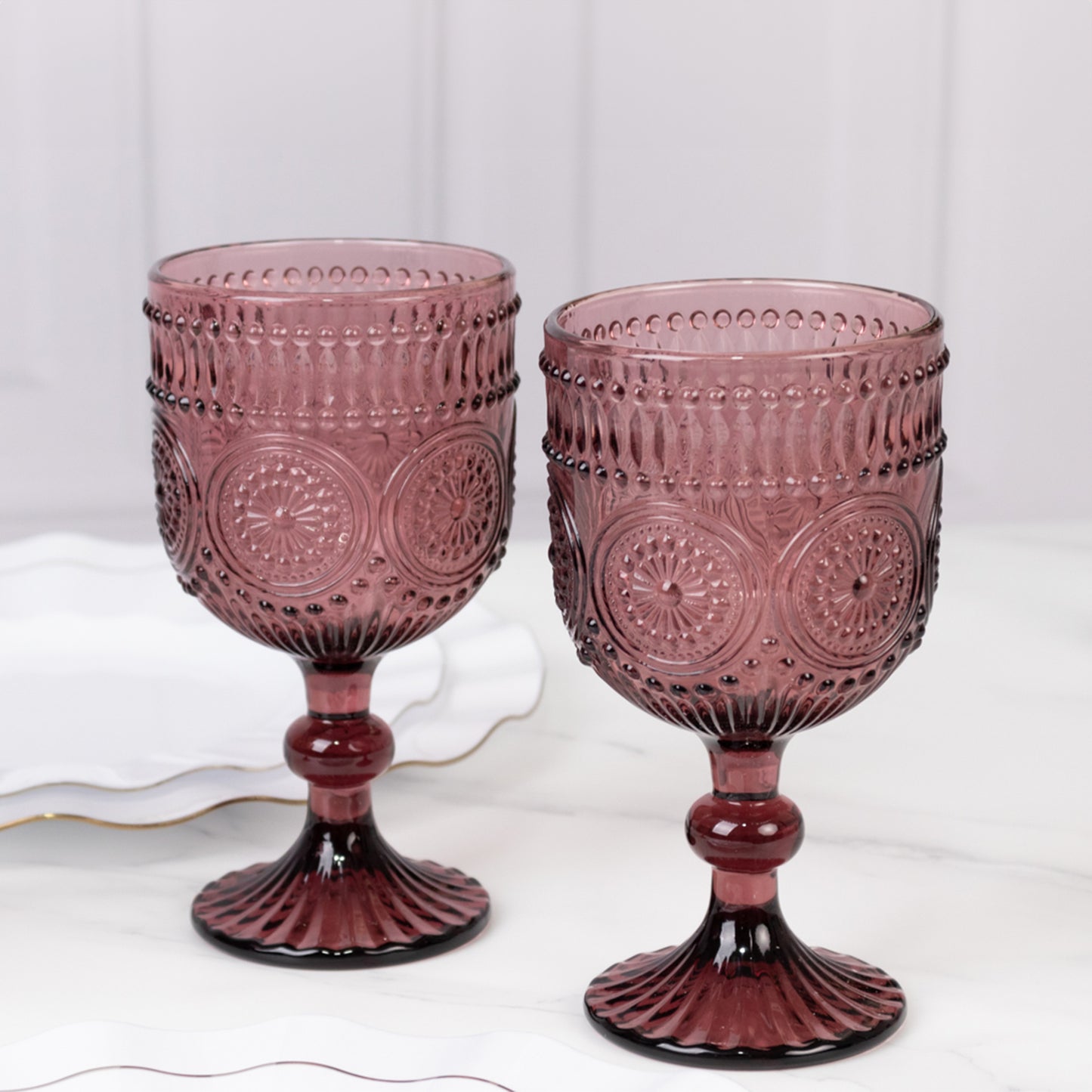 Dusty rose vintage embossed goblet wine glasses, textured floral pattern, 12oz.