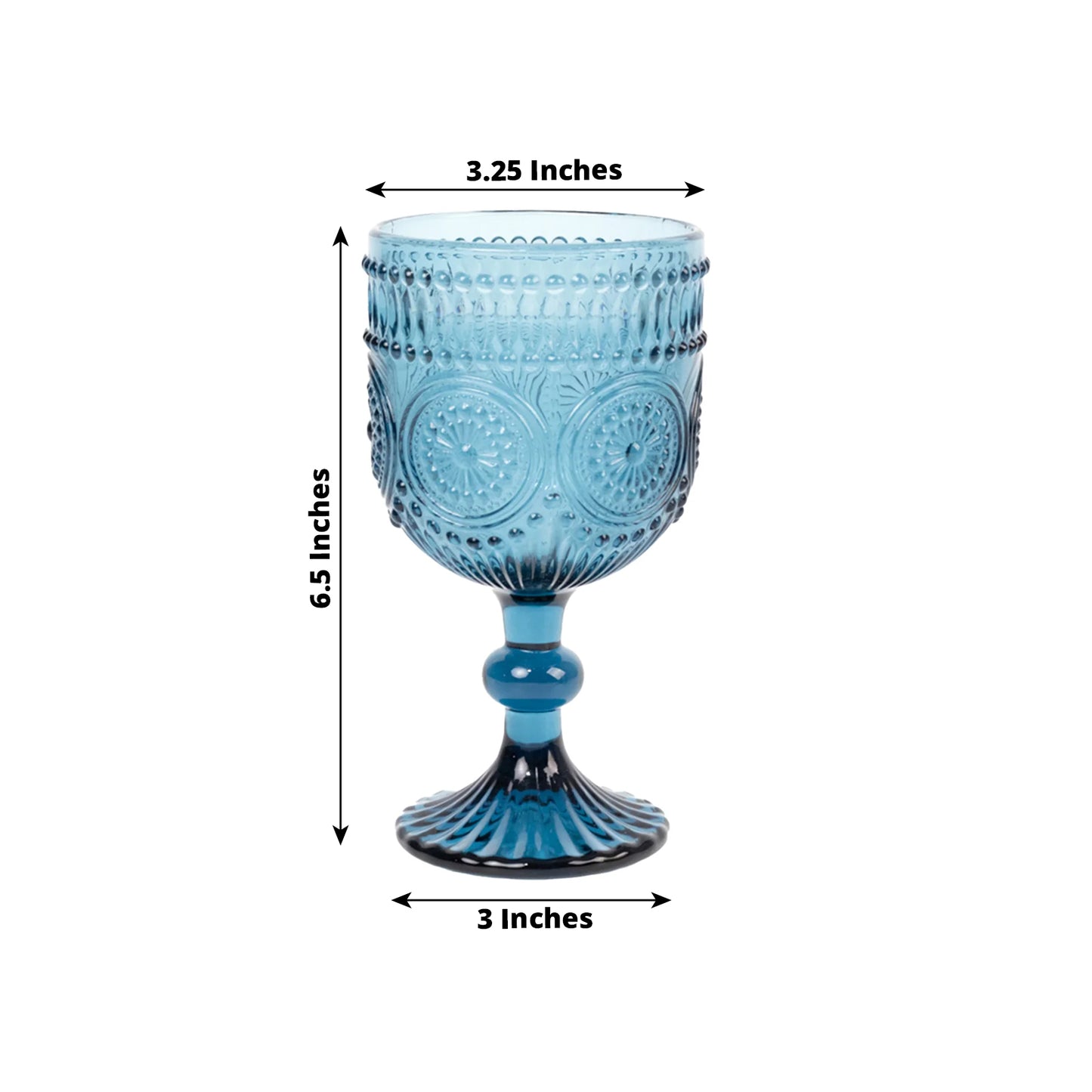 Ocean blue vintage embossed goblet wine glass with floral pattern.