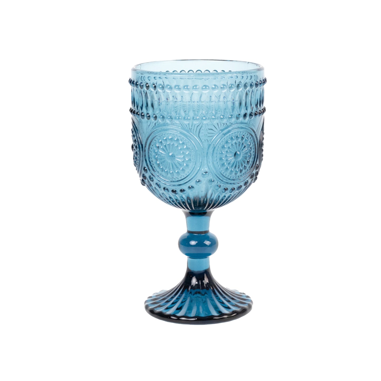 Ocean blue vintage embossed goblet wine glass with floral pattern.