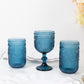 Ocean blue vintage embossed goblet wine glasses, set of three.