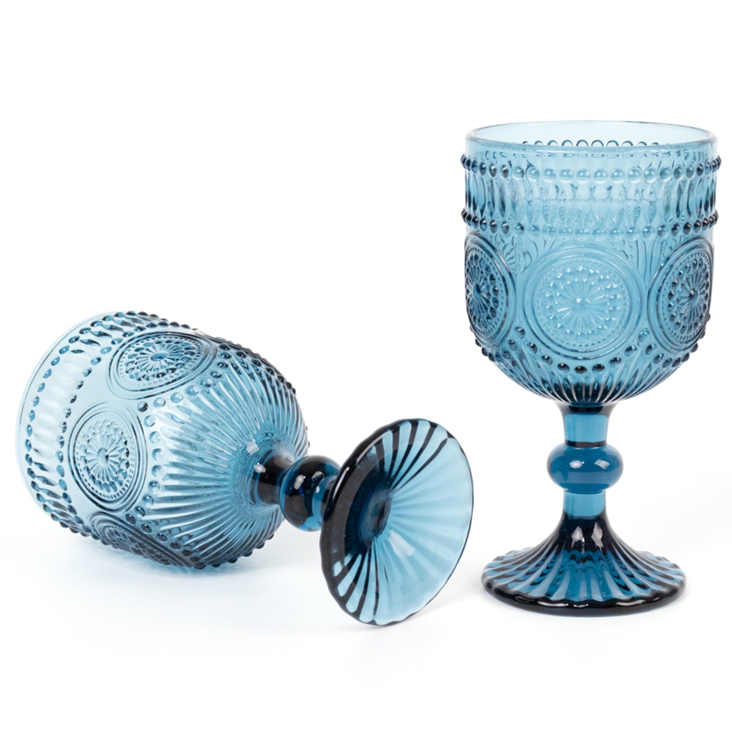 Ocean blue vintage embossed goblet wine glasses, short stemmed, set of six.