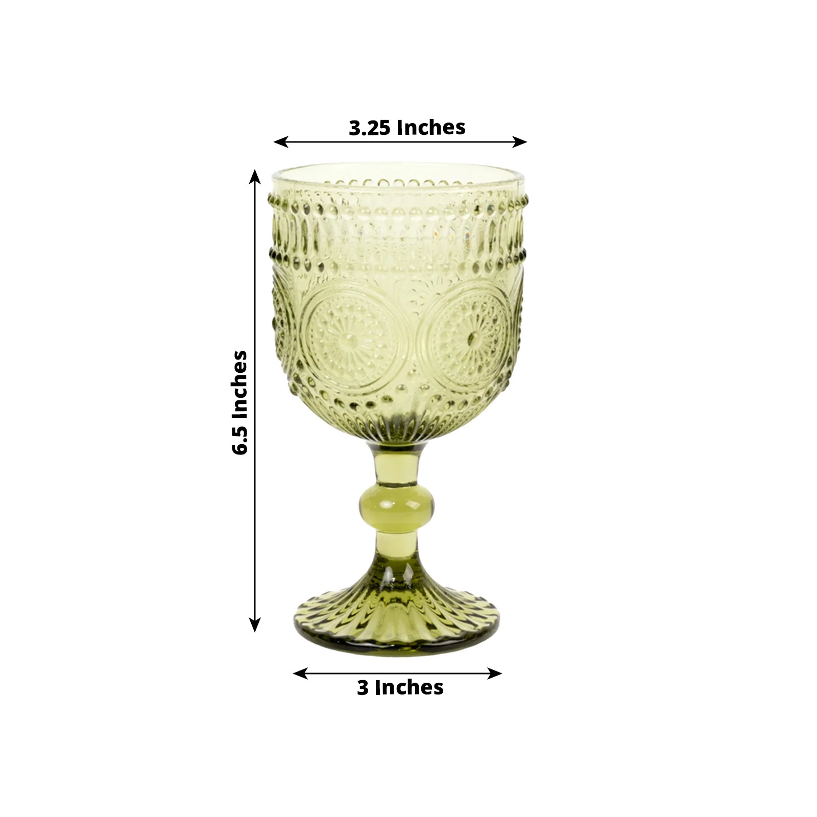 Dusty sage green vintage embossed goblet wine glass with floral pattern.