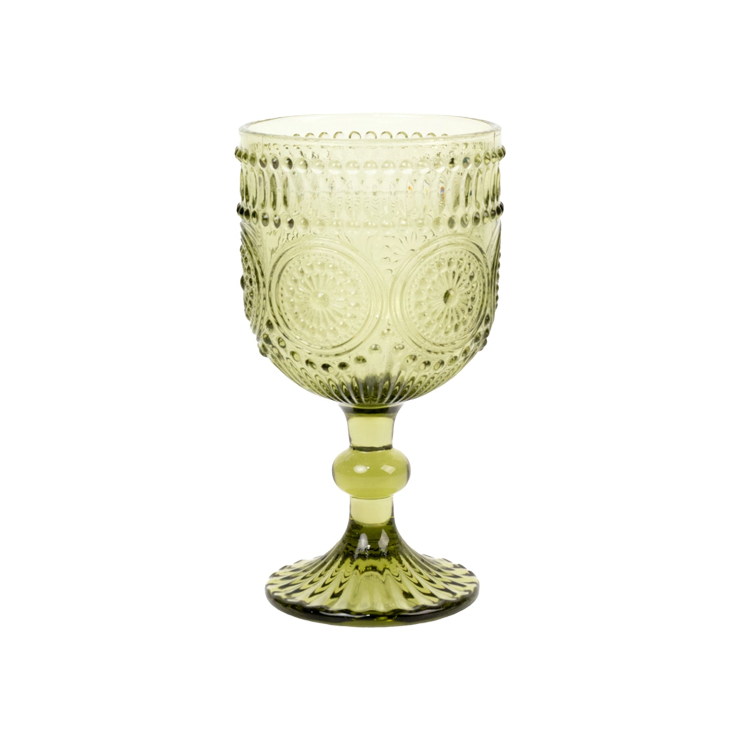 Dusty sage green vintage embossed goblet wine glass with floral pattern.