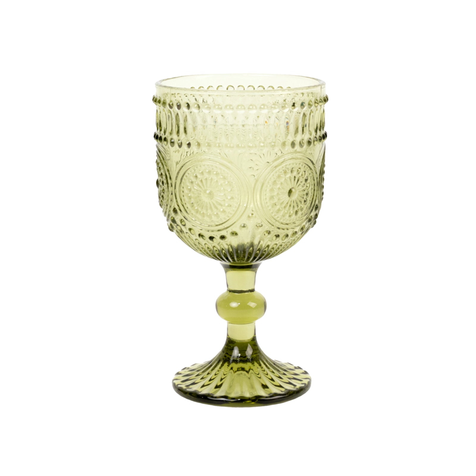 Dusty sage green vintage embossed goblet wine glass with floral pattern.