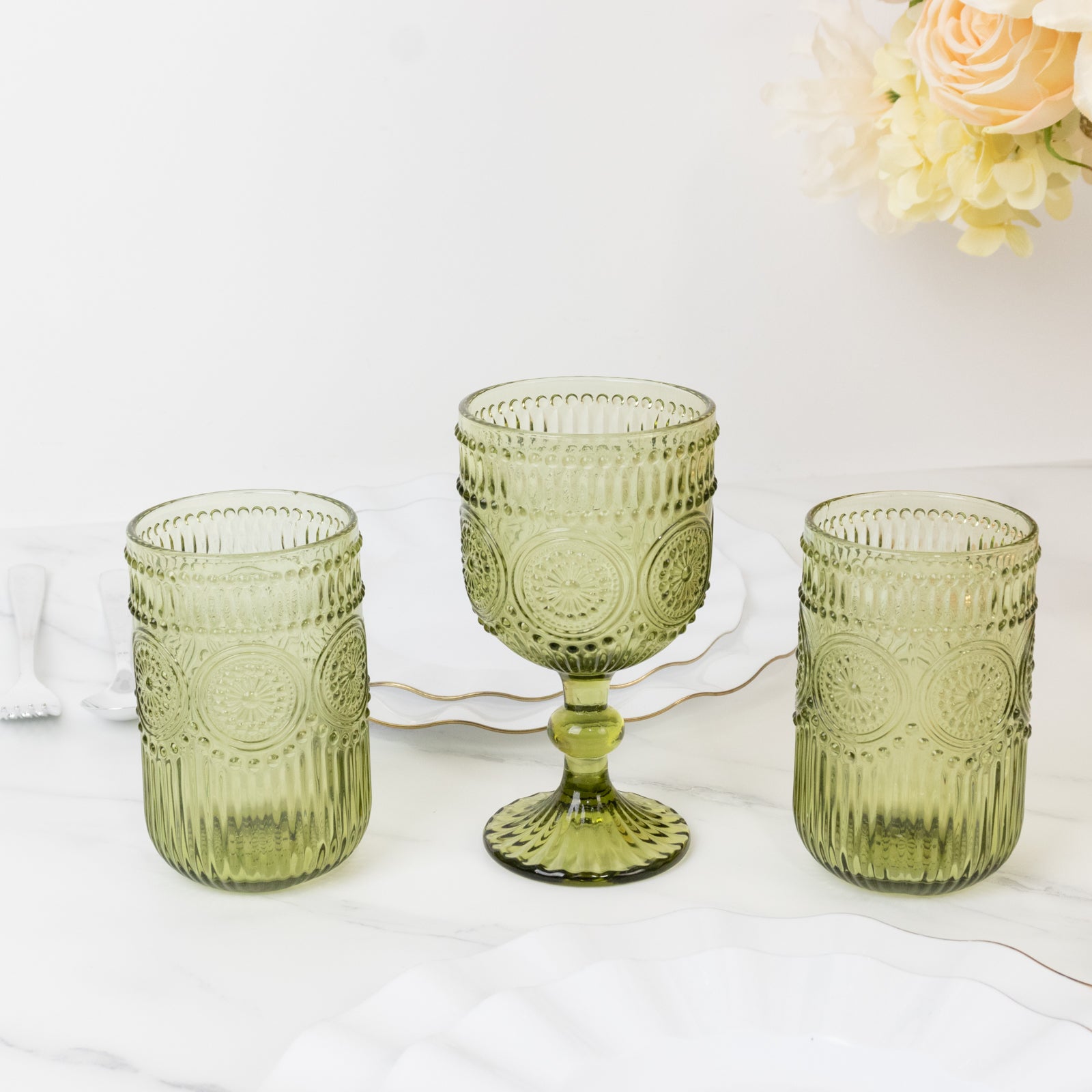 6-Pack Vintage Embossed Wine Glasses 12Oz Short Stemmed Design Dusty Sage Green