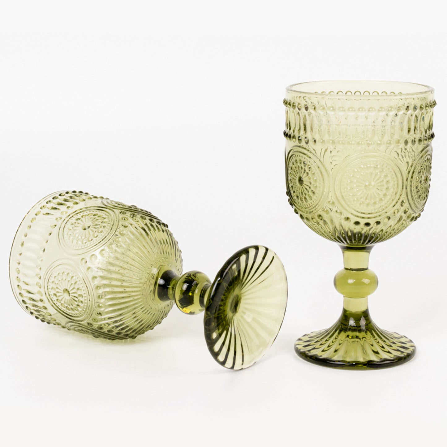 Dusty sage green vintage embossed goblet wine glasses, 6-pack.