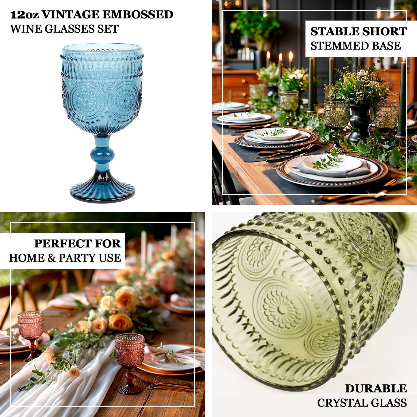 Ocean blue vintage embossed goblet wine glass set, 12oz, 6-pack.