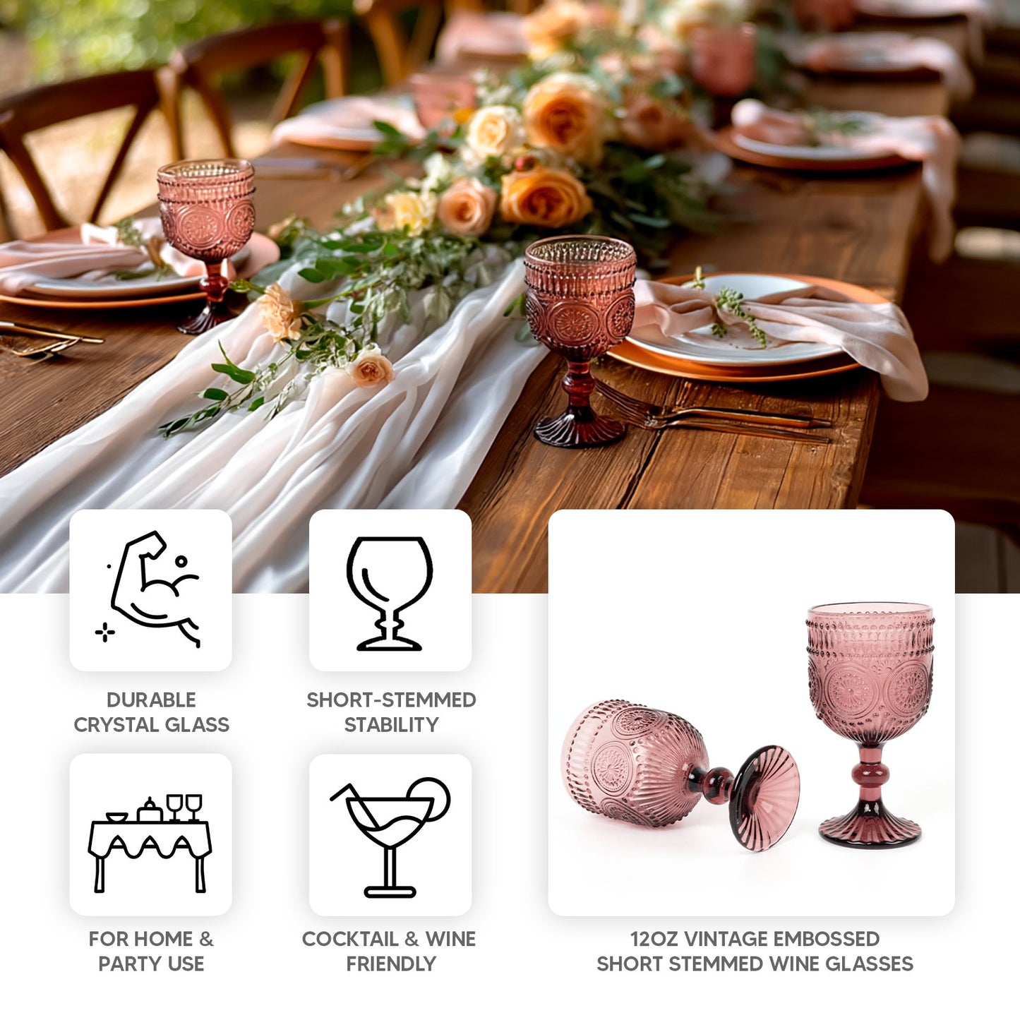 Dusty rose vintage embossed goblet wine glasses, 12oz, 6-pack.