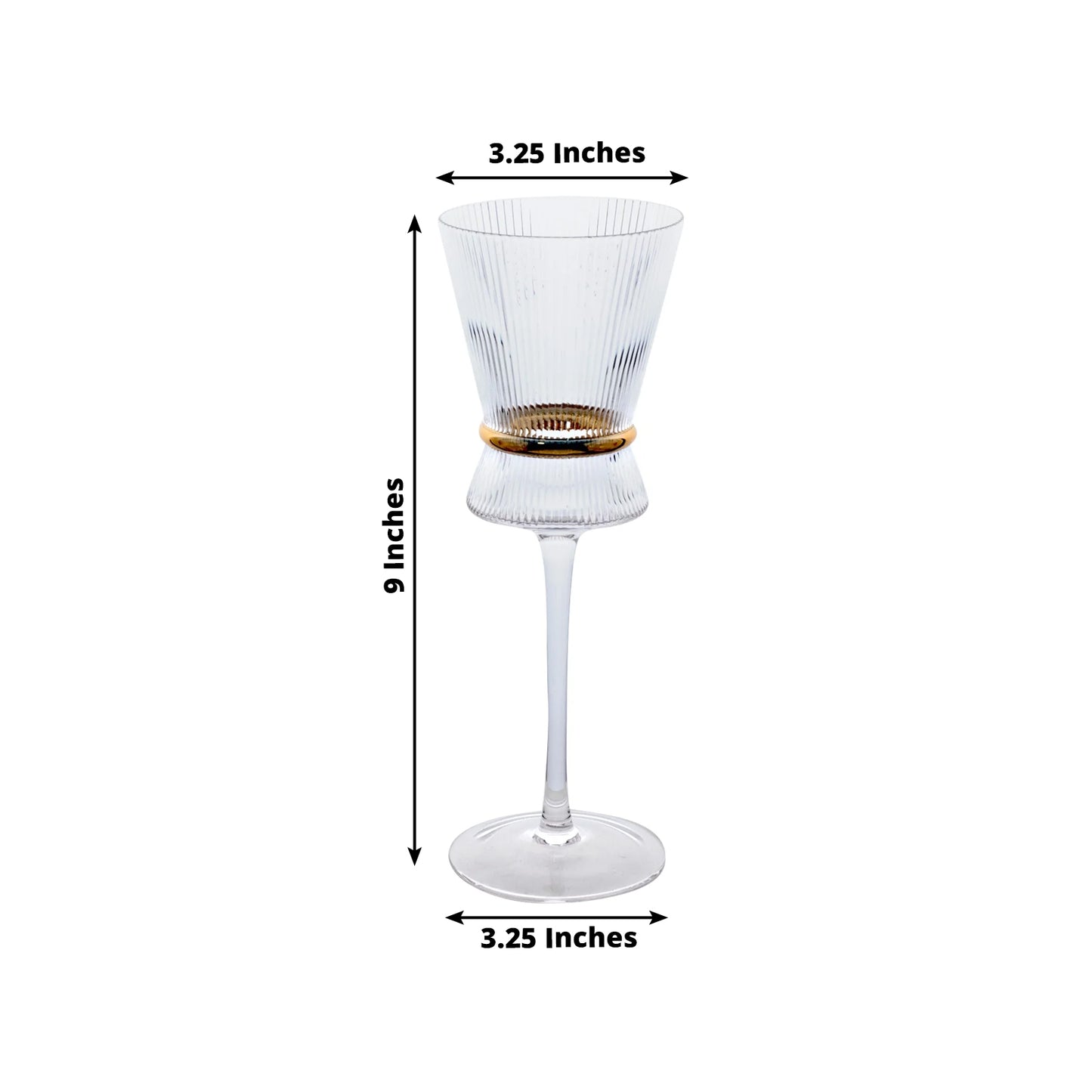 Clear wine glass with ribbed design and gold ring accent, 9" tall.