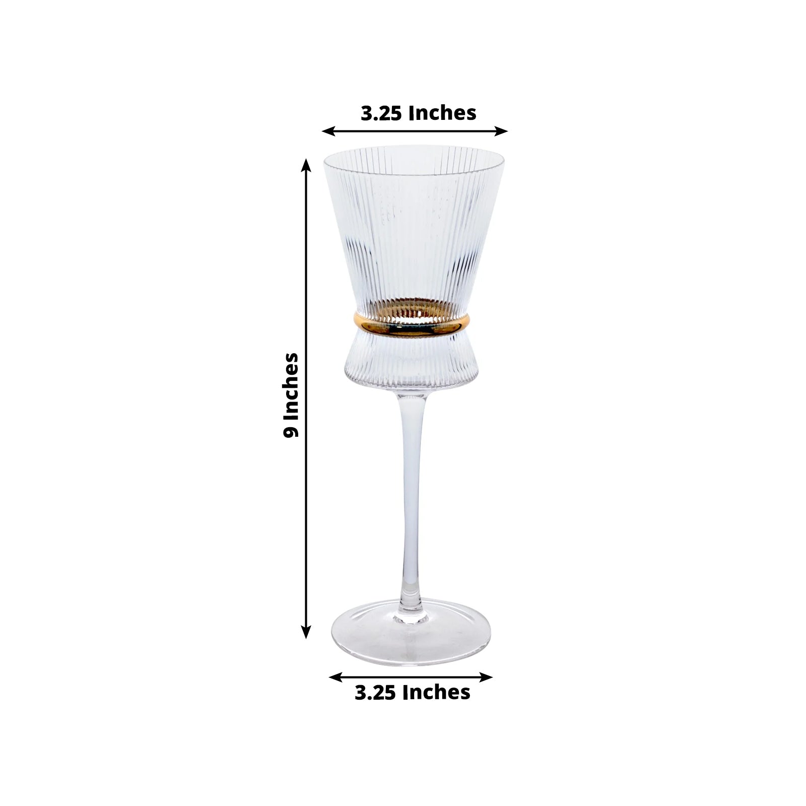 Clear wine glass with ribbed design and gold ring accent, 9" tall.