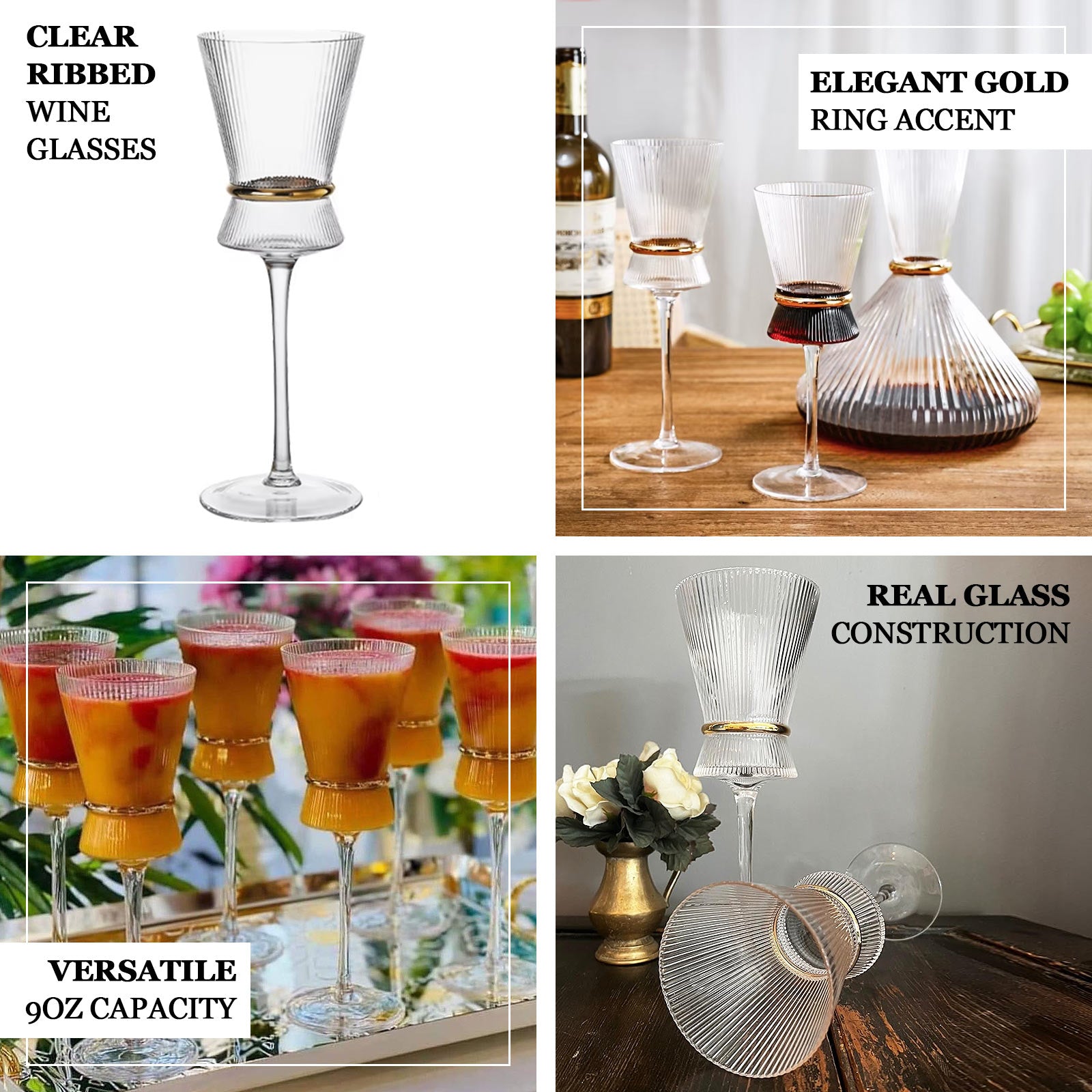 Clear ribbed wine glasses with gold ring accent, elegant for celebrations.