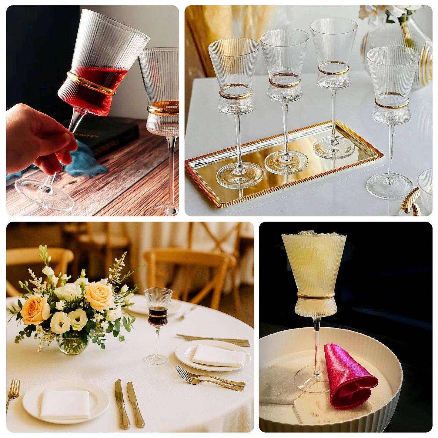 Clear ribbed wine glasses with gold ring accents, elegant for celebrations.