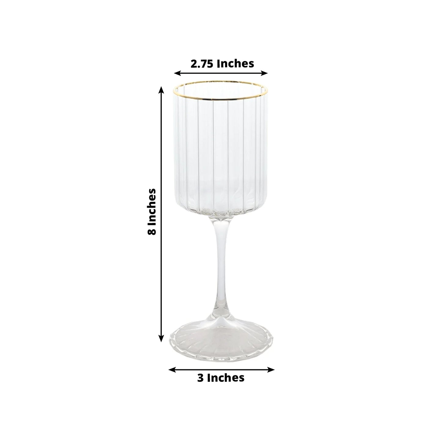 Clear glass wine goblet with gold rim, 8 inches tall, ribbed design.