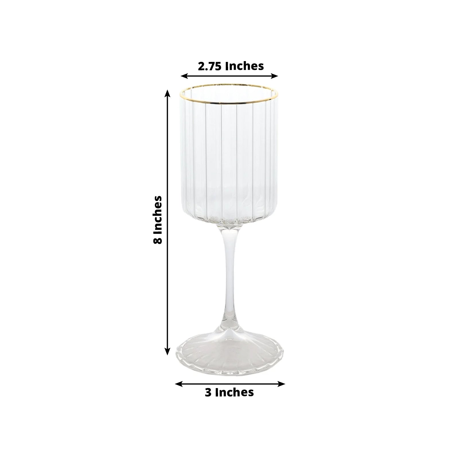 Clear glass wine goblet with gold rim, 8 inches tall, ribbed design.
