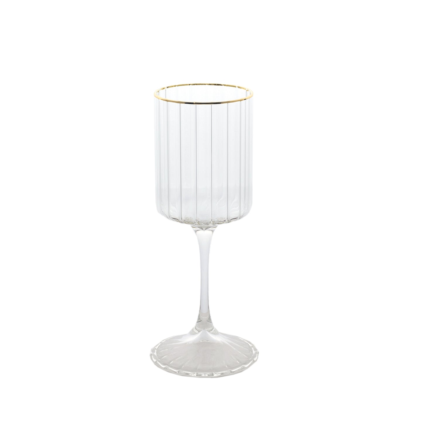 Clear glass vintage wine goblet with gold rim, 10oz, 8 inches tall.
