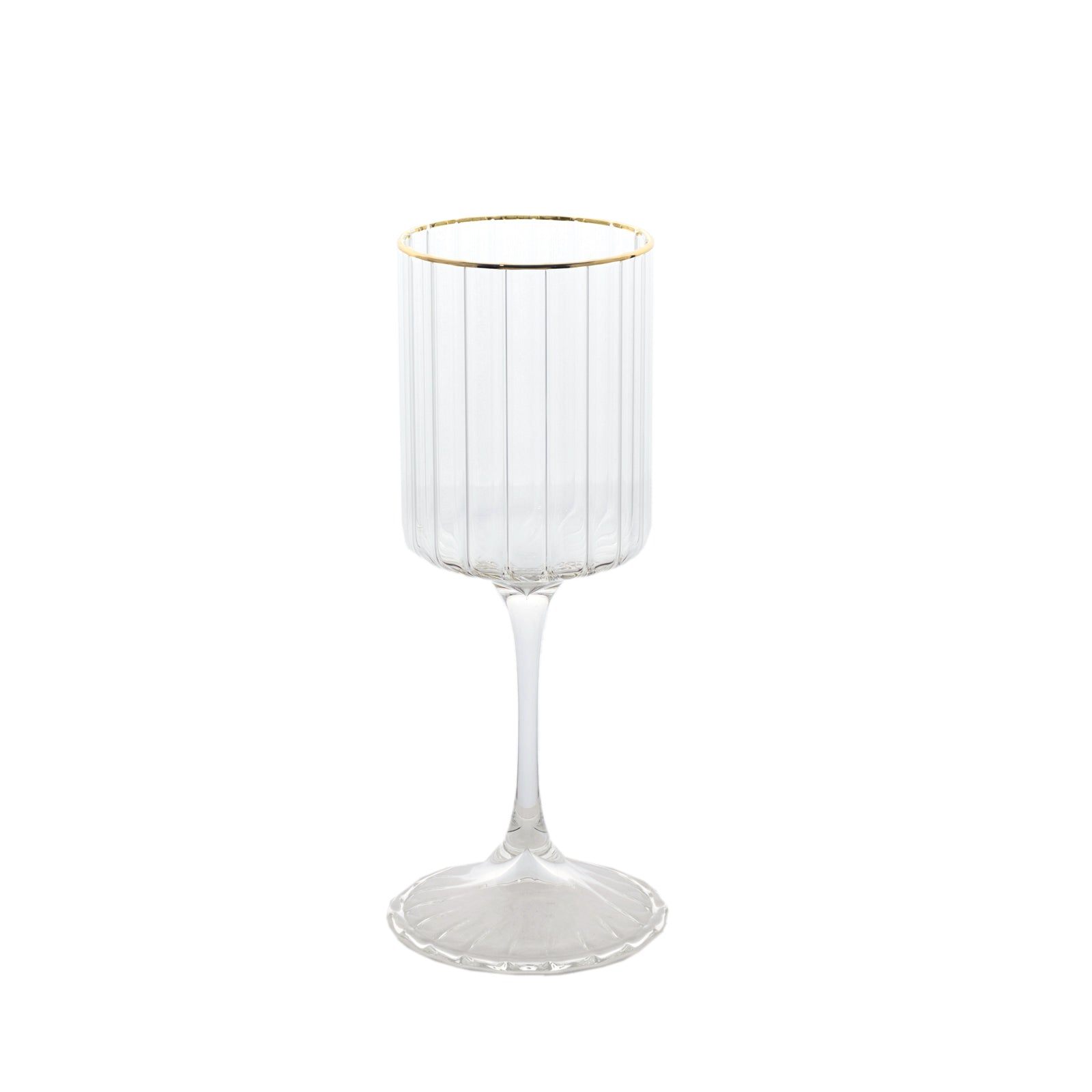 Clear glass vintage wine goblet with gold rim, 10oz, 8 inches tall.