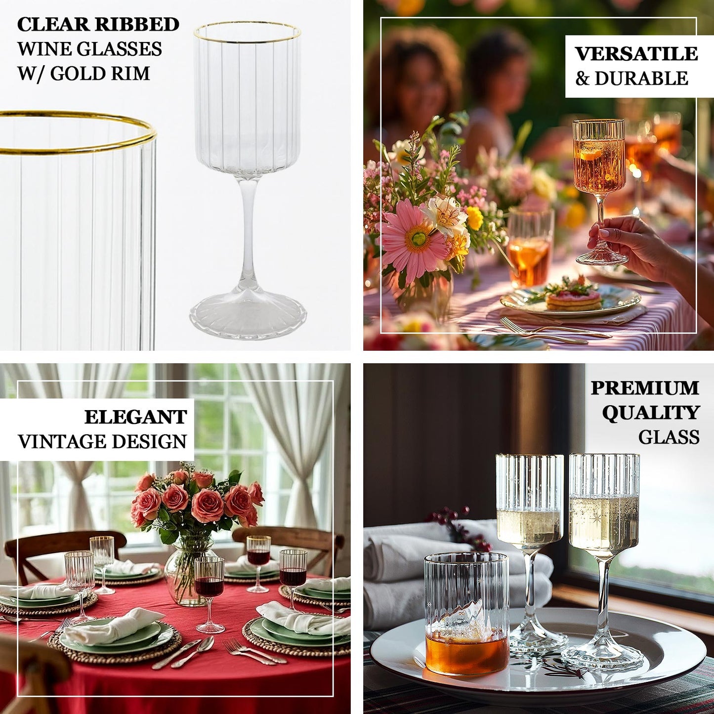 Clear ribbed wine goblet glasses with gold rim, perfect for cocktails or beverages.