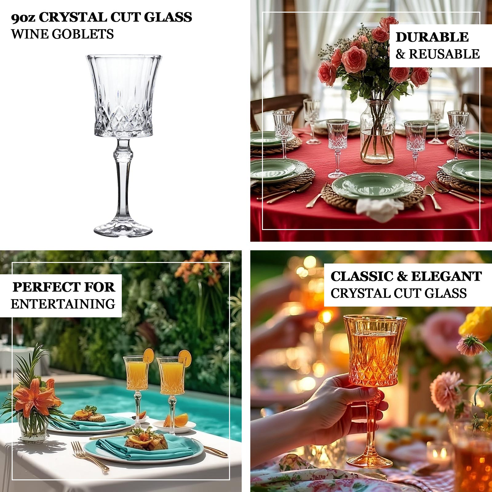 6 Pack 9oz Crystal Cut Glass Goblets – Elegant Vintage Wine, Water & Cocktail Glasses for Table Settings
