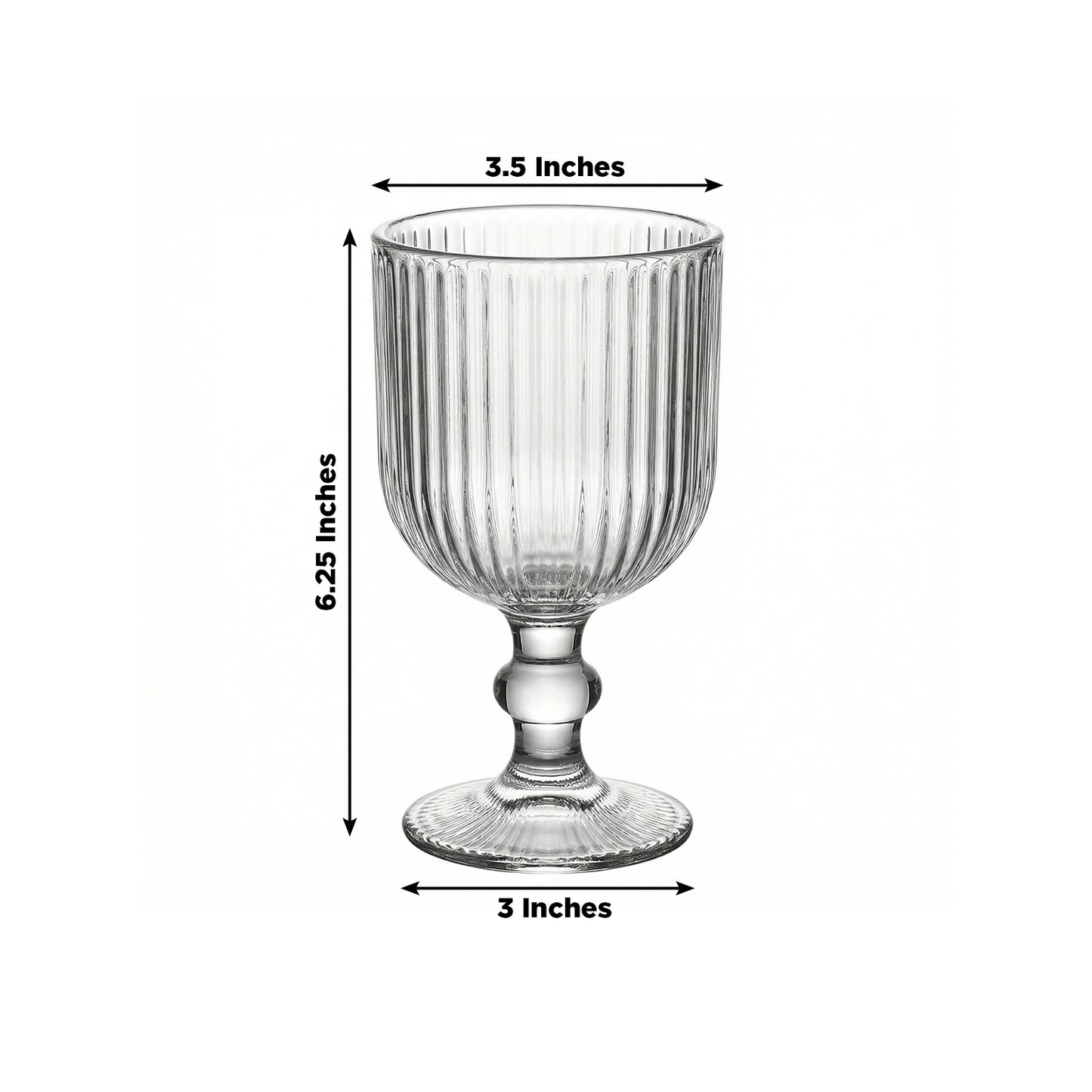 Clear vintage glass goblet with ribbed design and ball stem accent.