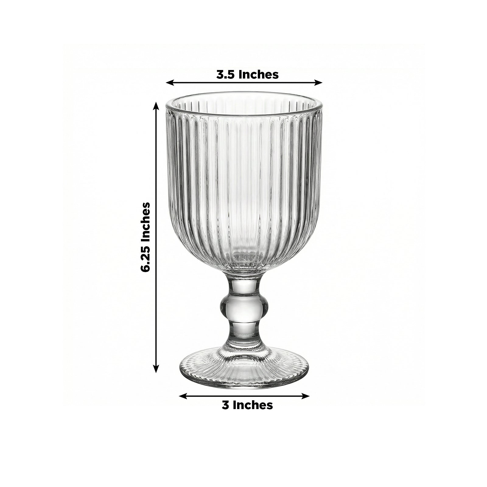 Clear vintage glass goblet with ribbed design and ball stem accent.