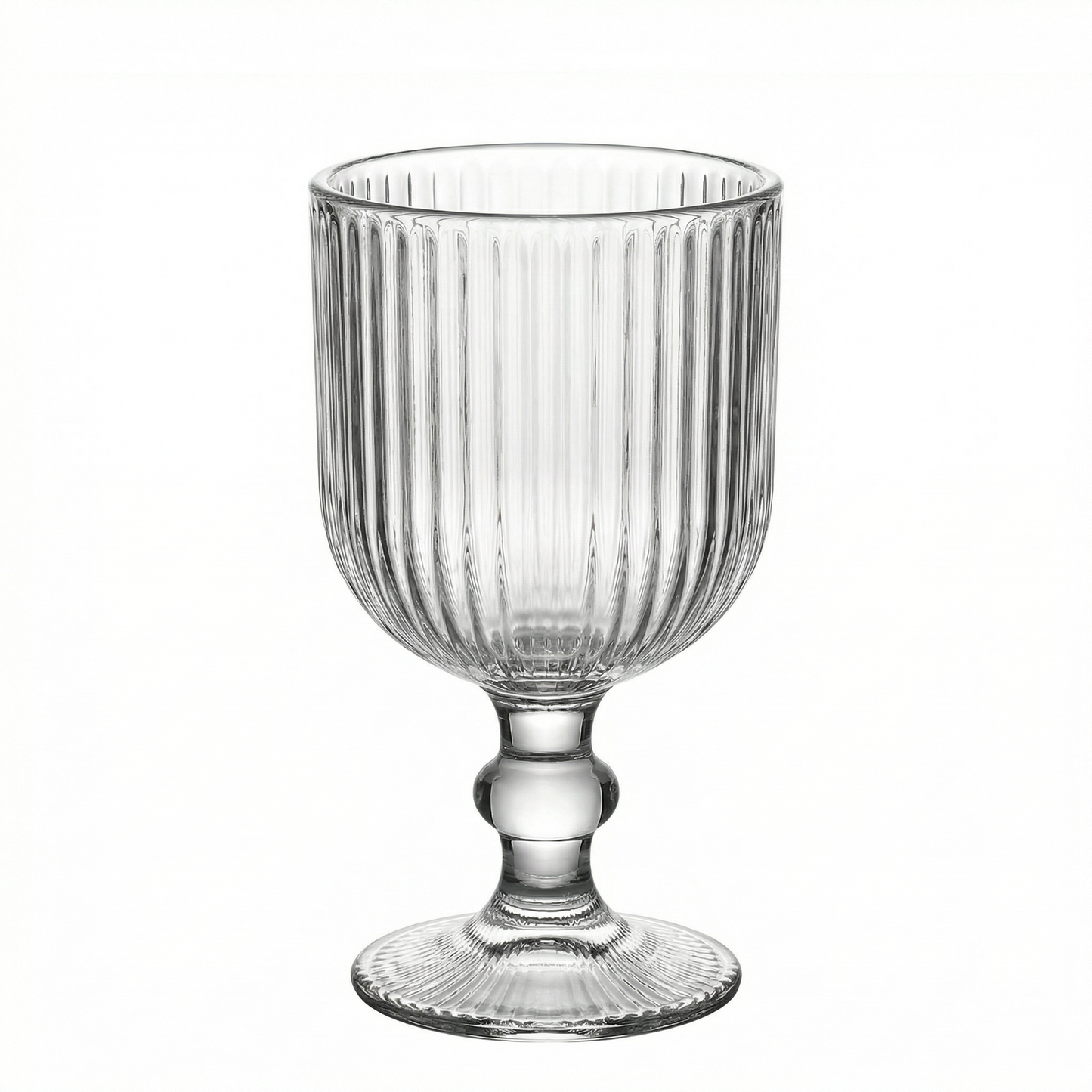 Clear vintage ribbed wine glass with ball stem accent.