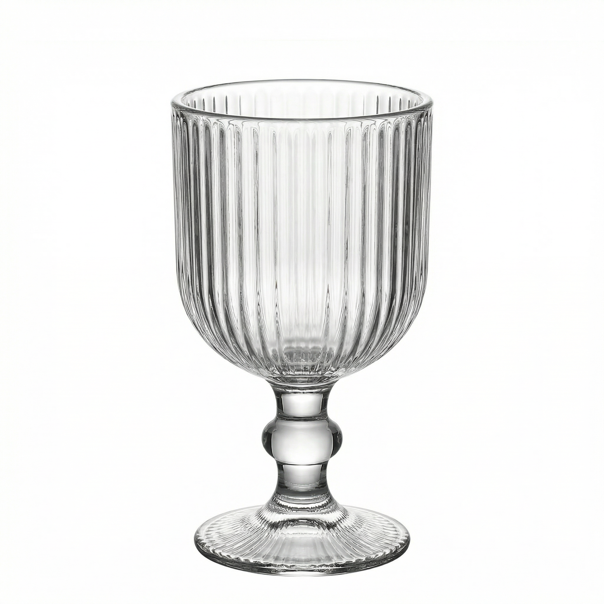 Clear vintage ribbed wine glass with ball stem accent.