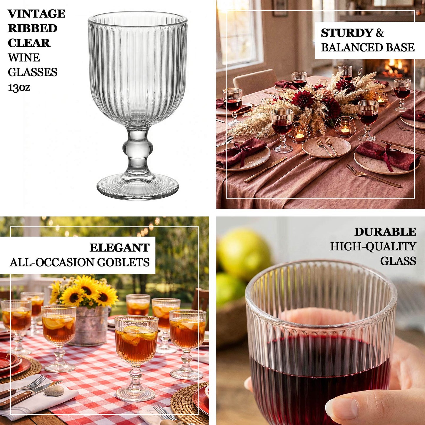 Clear vintage ribbed wine glasses with ball stem. Perfect for any occasion.