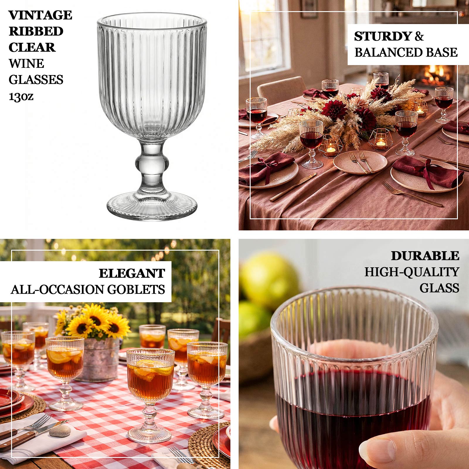 Clear vintage ribbed wine glasses with ball stem. Perfect for any occasion.