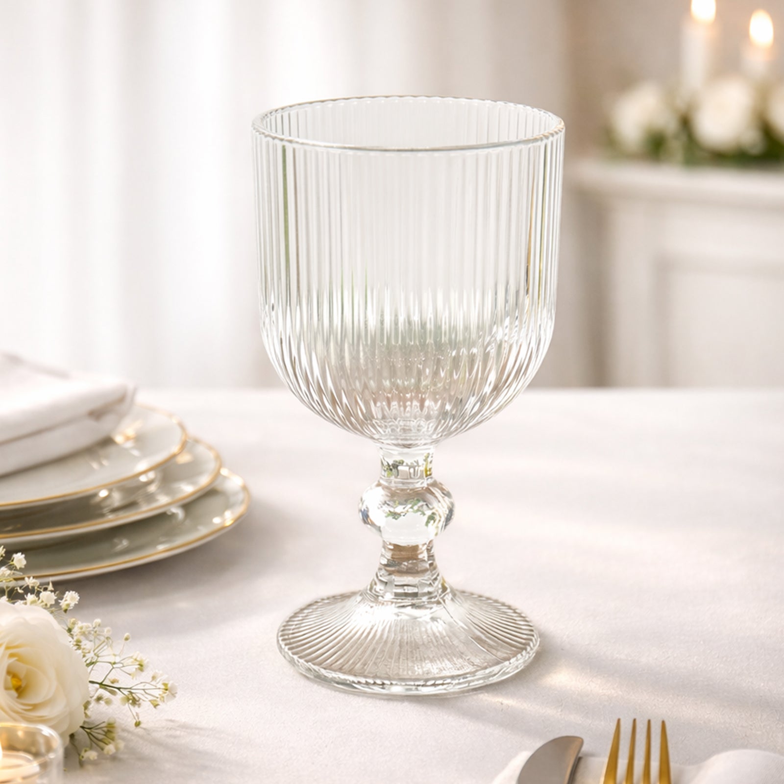 Clear ribbed wine glass goblet with ball stem accent