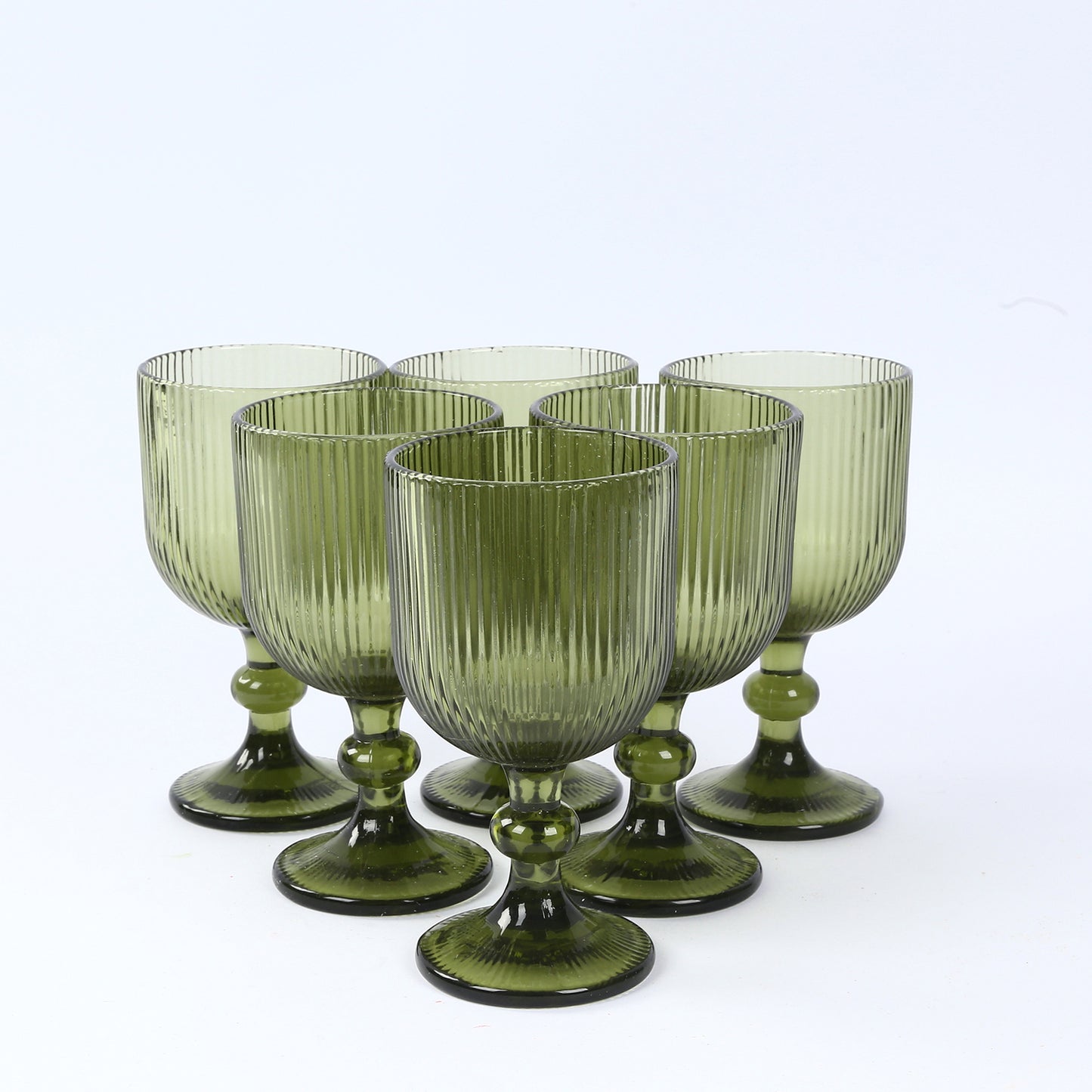 6 Pack Ribbed Wine Glasses – 13oz Dusty Sage Green Vintage Glass Goblets with Ball Stem Accent