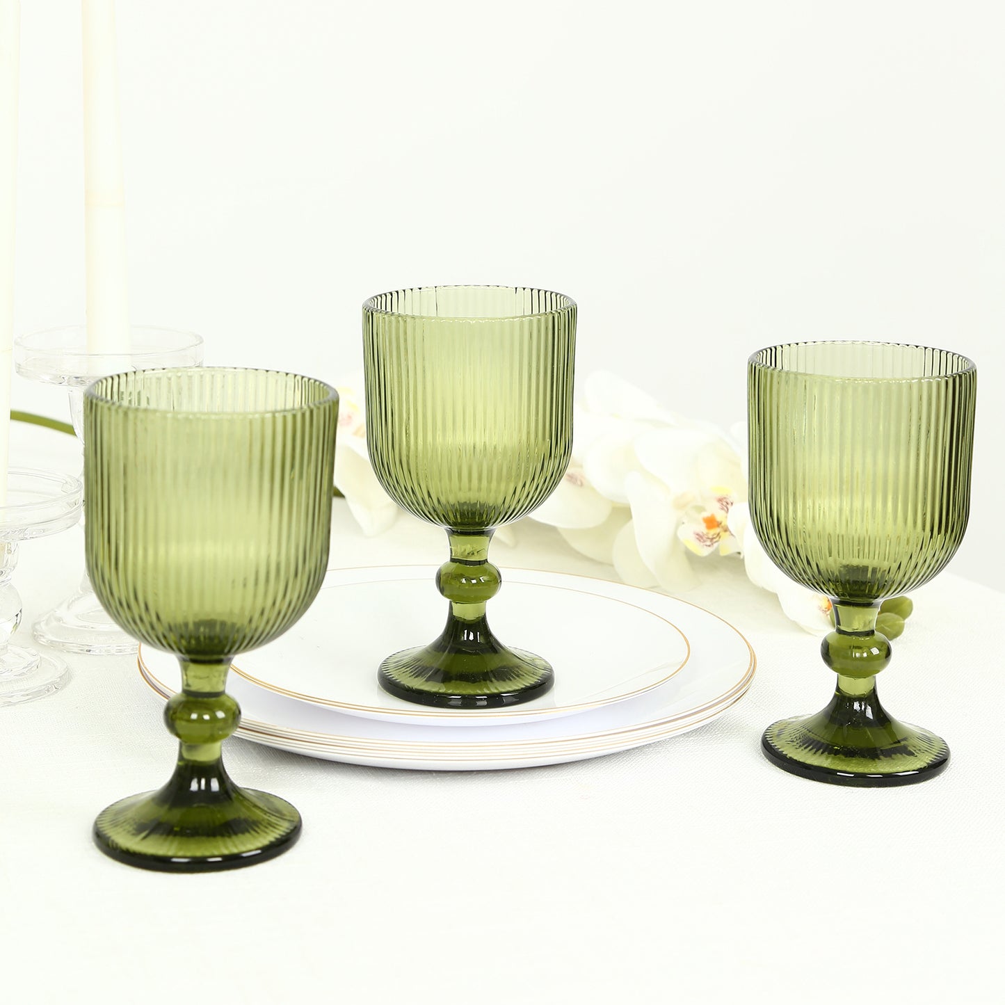 6 Pack Ribbed Wine Glasses – 13oz Dusty Sage Green Vintage Glass Goblets with Ball Stem Accent