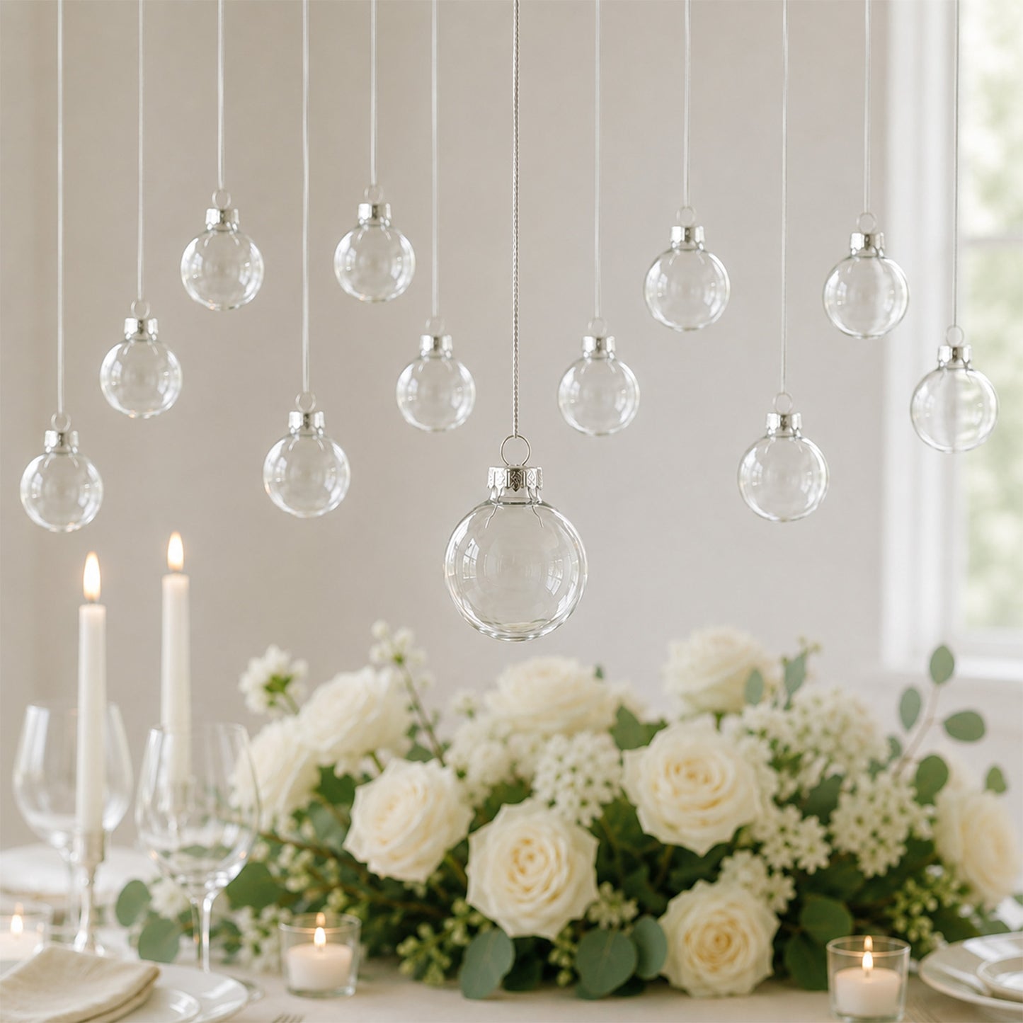 12 Pack 2" Clear Glass Hanging Ornament Balls, Fillable Round Baubles with Removable Silver Caps for