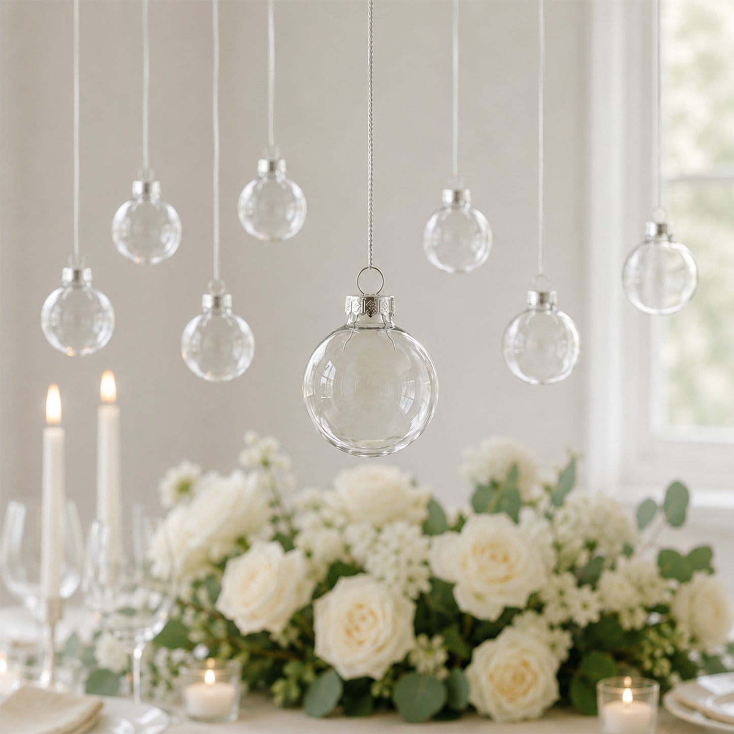 8 Pack 3" Clear Glass Hanging Ornament Balls, Fillable Round Baubles with Removable Silver Caps for 
