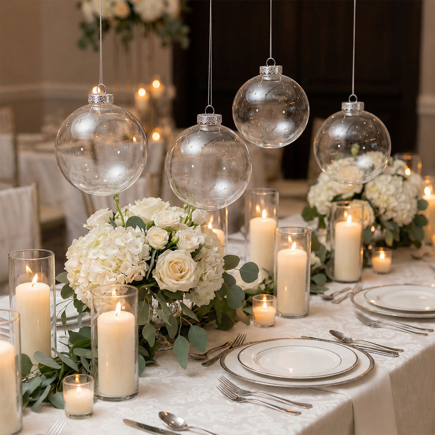 4 Pack 4" Clear Glass Hanging Ornament Balls, Fillable Round Baubles with Removable Silver Caps for 