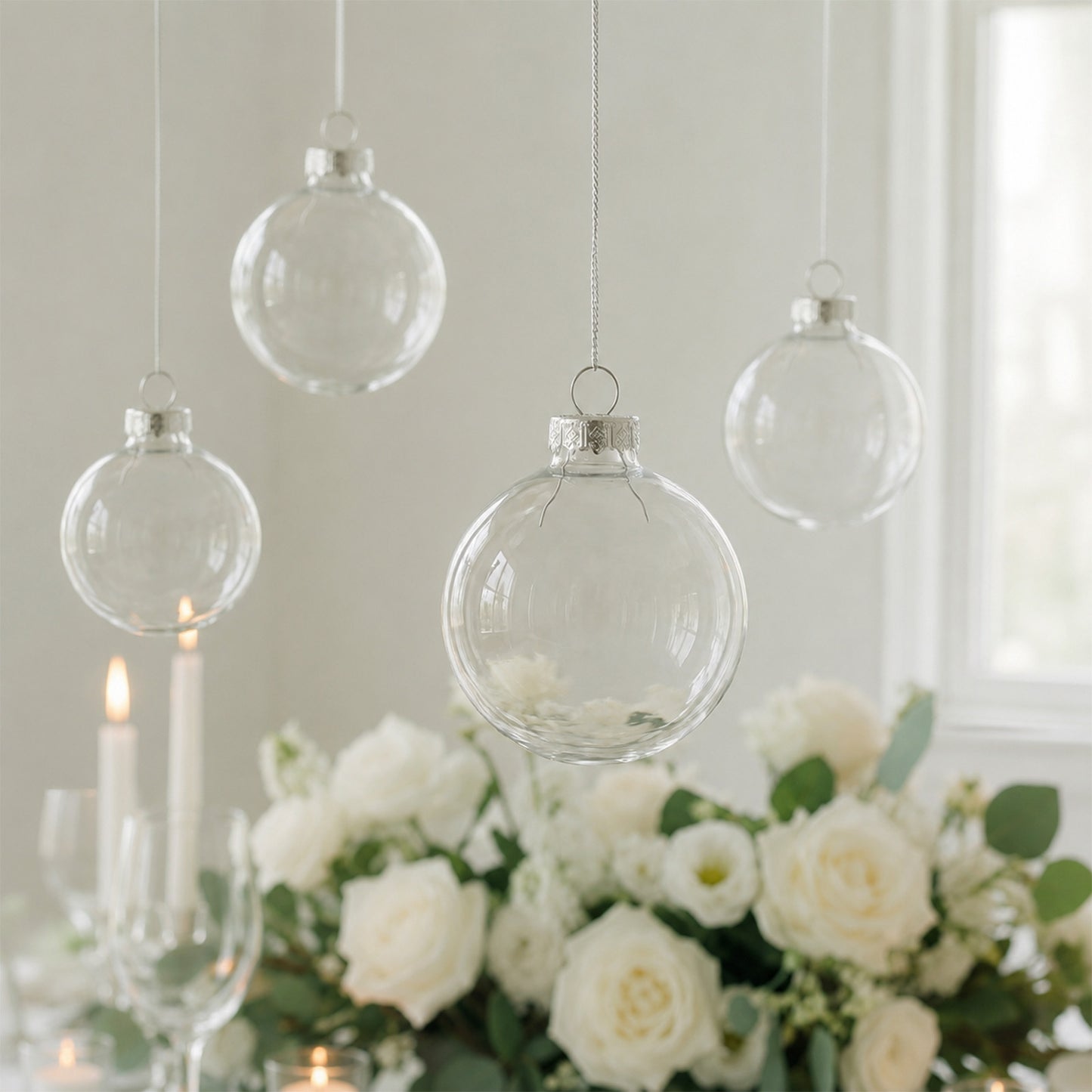 4 Pack 4" Clear Glass Hanging Ornament Balls, Fillable Round Baubles with Removable Silver Caps for 