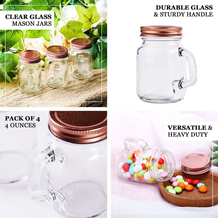 Rustic clear glass mason jars with rose gold lids, pack of 4, 4oz.