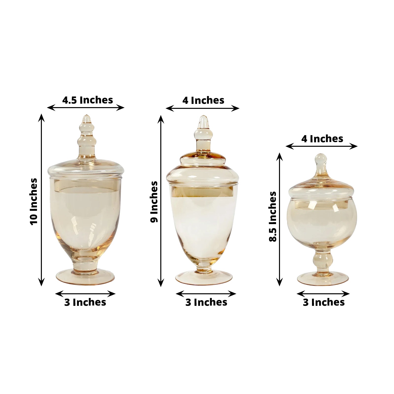 Set of 3 amber gold apothecary jars with snap-on lids, decorative footed storage.