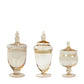 Amber gold decorative footed glass jars set of 3 with snap-on lids.