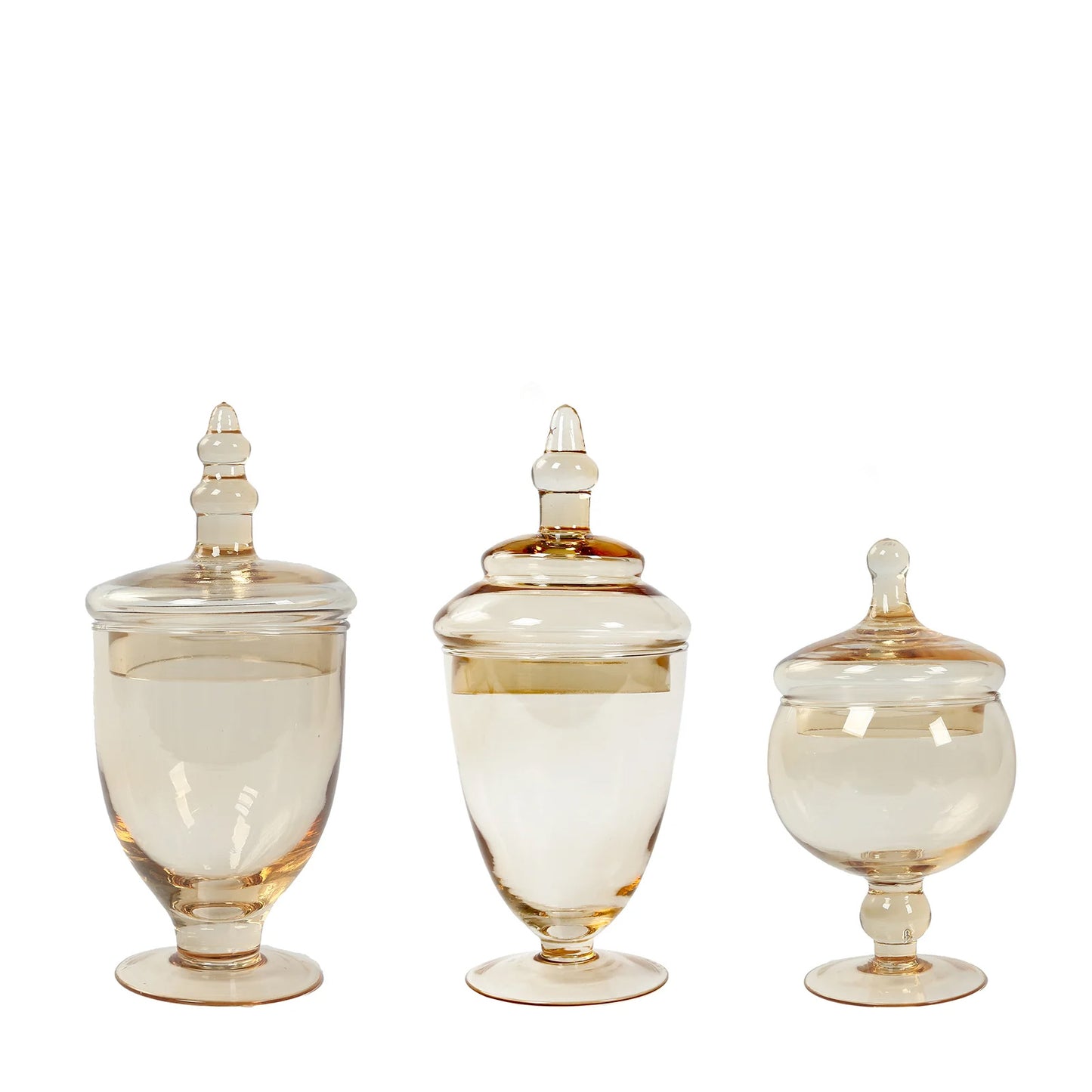 Amber gold decorative footed glass jars set of 3 with snap-on lids.