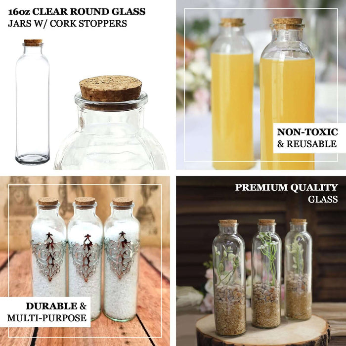 Clear round glass storage jars with cork stoppers, 16oz, refillable, multi-purpose.