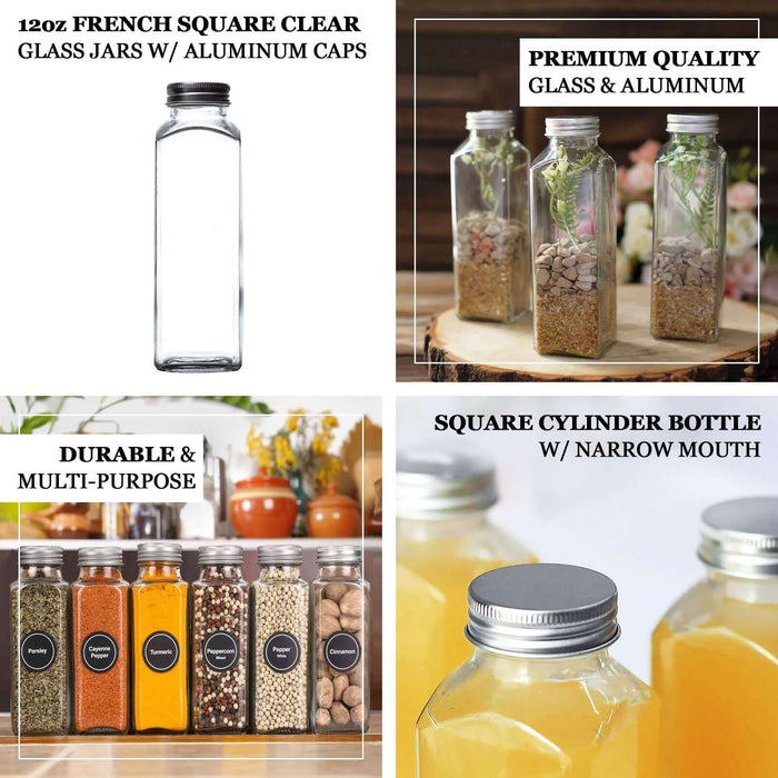 Clear glass jars with aluminum caps, 12 pack, 12oz storage bottles.
