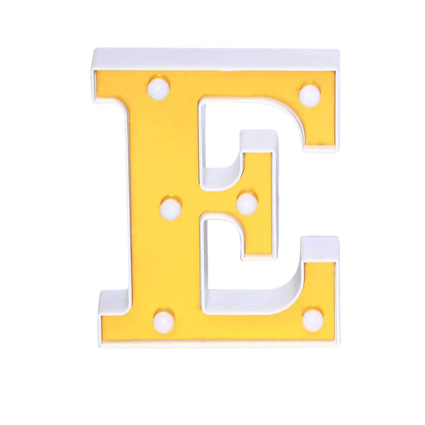 Yellow 3D marquee letter "E" with warm white LED lights.