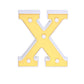 Gold 3D marquee letter "X" with warm white LED lights.