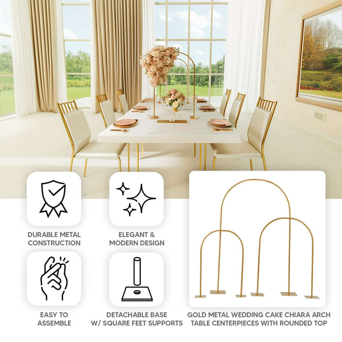 Gold metal Chiara arch wedding cake display stand centerpiece.
