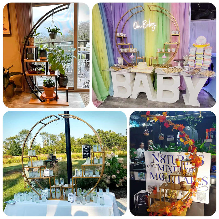 4.5ft Gold Metal 4-Tier Half Moon Plant Shelf Rack With Hanging Hooks, Cupcake Dessert Display Stand