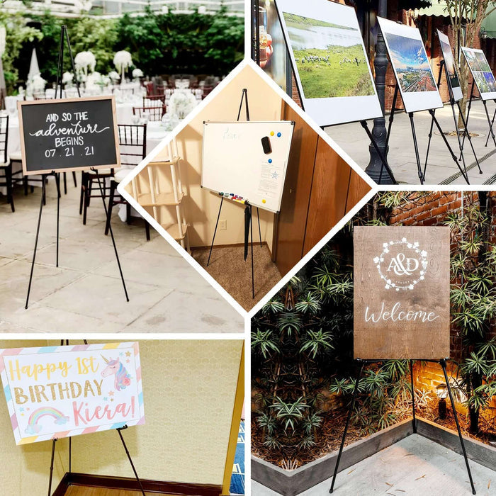 Gold metal easel stand, collapsible tripod for displaying signs and artwork.