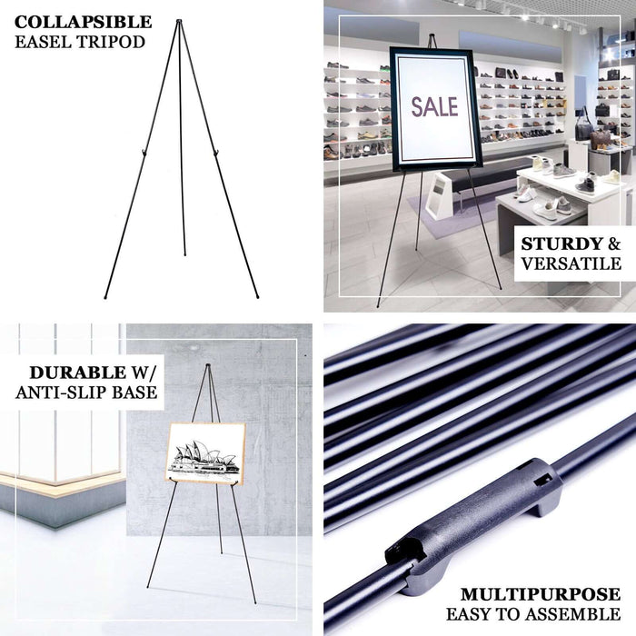 Gold metal easel stand, collapsible tripod, sturdy and versatile for displays.