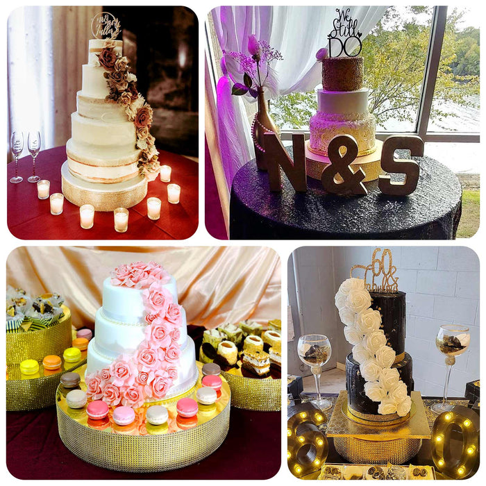 Gold round metal pedestal cake stand with rhinestones for dessert display.
