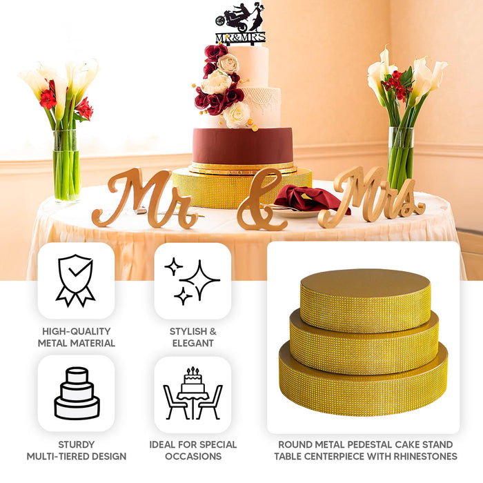 Gold rhinestone metal pedestal cake stand for elegant dessert display.